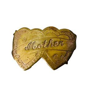 Artisan Double Heart & Arrow "Mother" Engraved Brooch Pin Copper Handmade